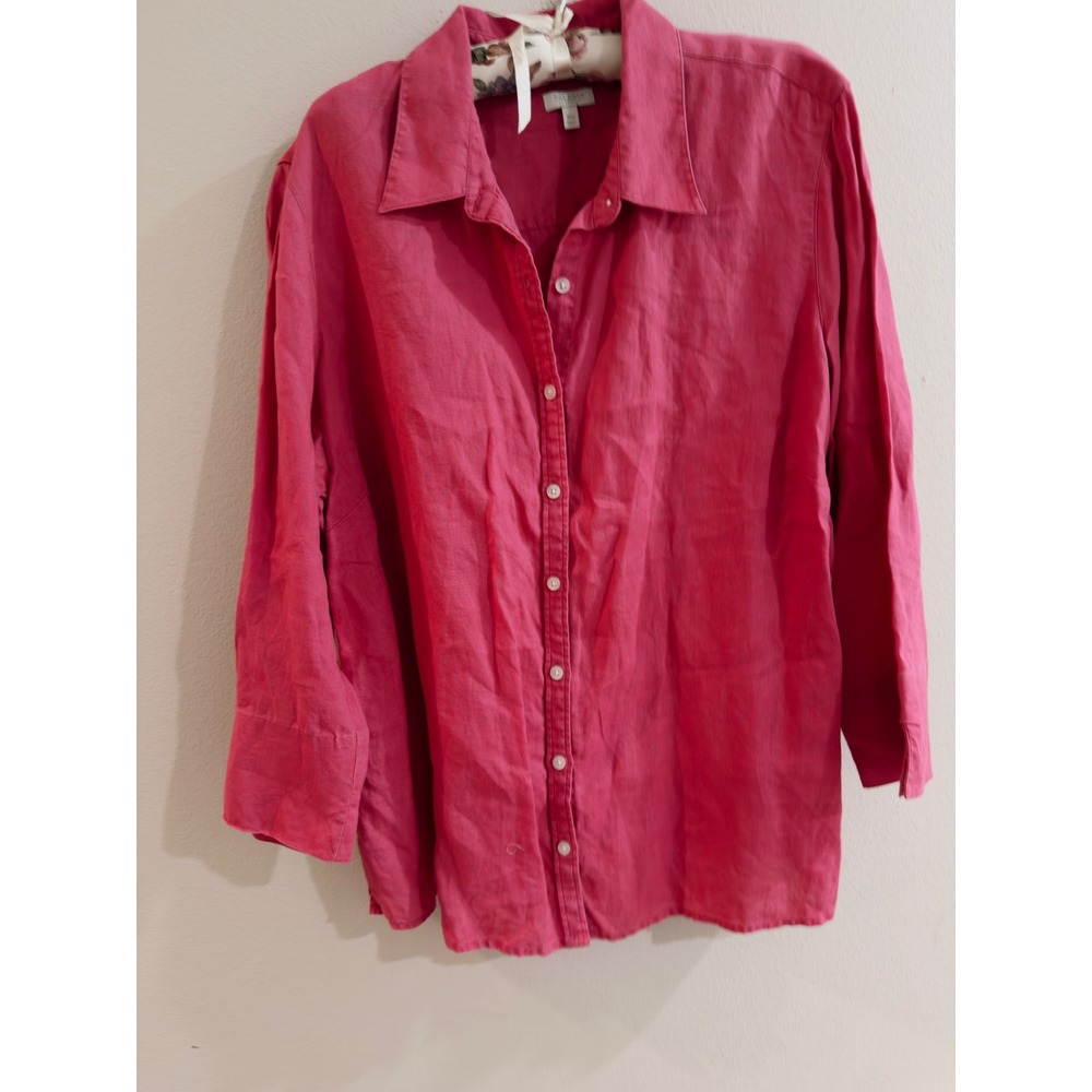 Talbots Woman 18W Pink 100% Linen Button Down Long Sleeve Shirt Blouse Side Slit